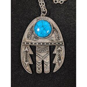 Vintage Rafaelian Silver Tone Aztec Faux Turquoise Pendant Necklace 24 in